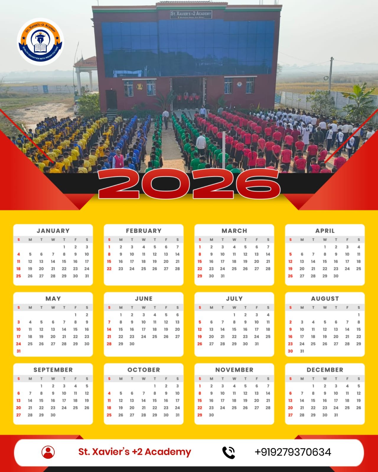 2026 calendar poster for St. Xavier's +2 Academy, with the school building and students assembled outside